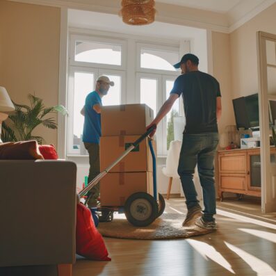 two movers using hand truck while transporting refrigerator in living room , high detail, 8k --ar 3:2 Job ID: ca4fe4a2-f78a-4adc-b9d1-70bb30a73bb7