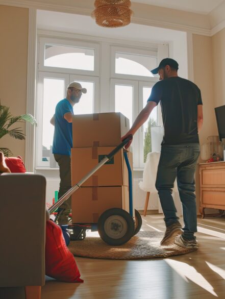 two movers using hand truck while transporting refrigerator in living room , high detail, 8k --ar 3:2 Job ID: ca4fe4a2-f78a-4adc-b9d1-70bb30a73bb7