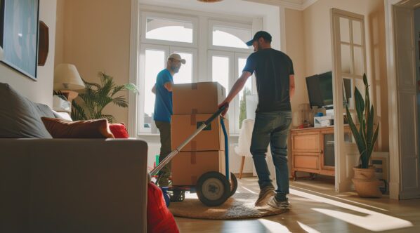 two movers using hand truck while transporting refrigerator in living room , high detail, 8k --ar 3:2 Job ID: ca4fe4a2-f78a-4adc-b9d1-70bb30a73bb7