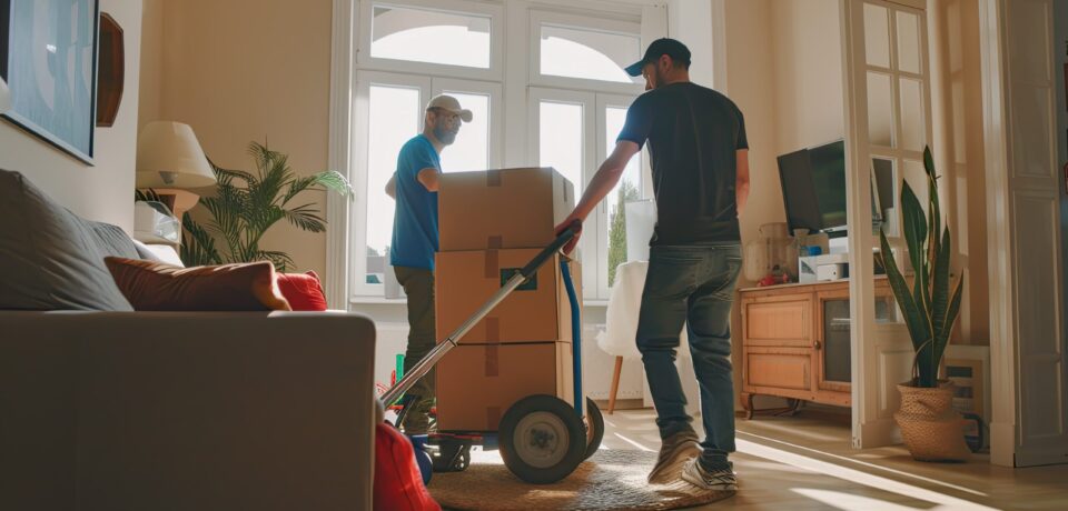 two movers using hand truck while transporting refrigerator in living room , high detail, 8k --ar 3:2 Job ID: ca4fe4a2-f78a-4adc-b9d1-70bb30a73bb7