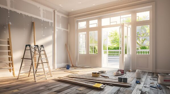 House interior undergoing renovations, painting supplies, tools, sunlit room, open garden door, home improvement